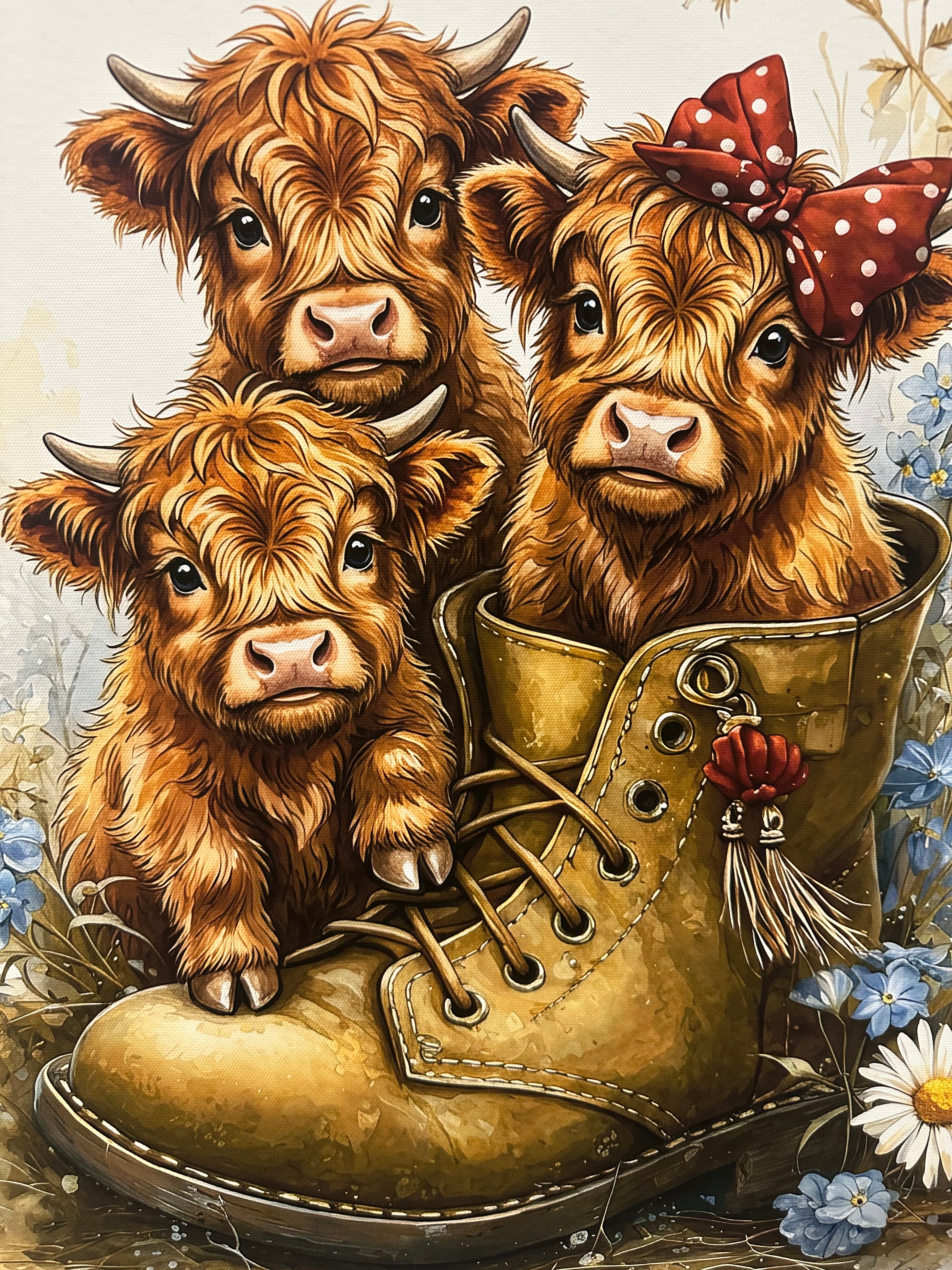 Three highland calves peeking out from a brown leather boot with decorative elements and flowers.