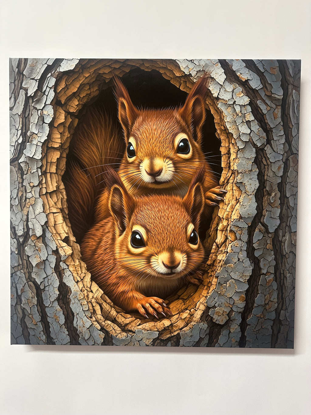Two squirrels peeking out from a hole in a tree trunk.