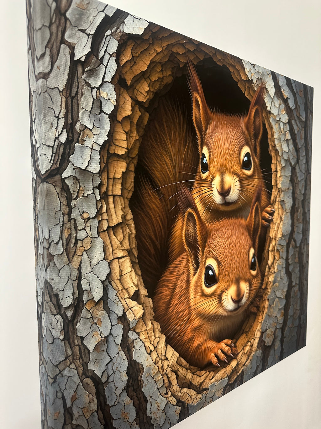 Illustration of two squirrels peeking out from a hole in a tree.