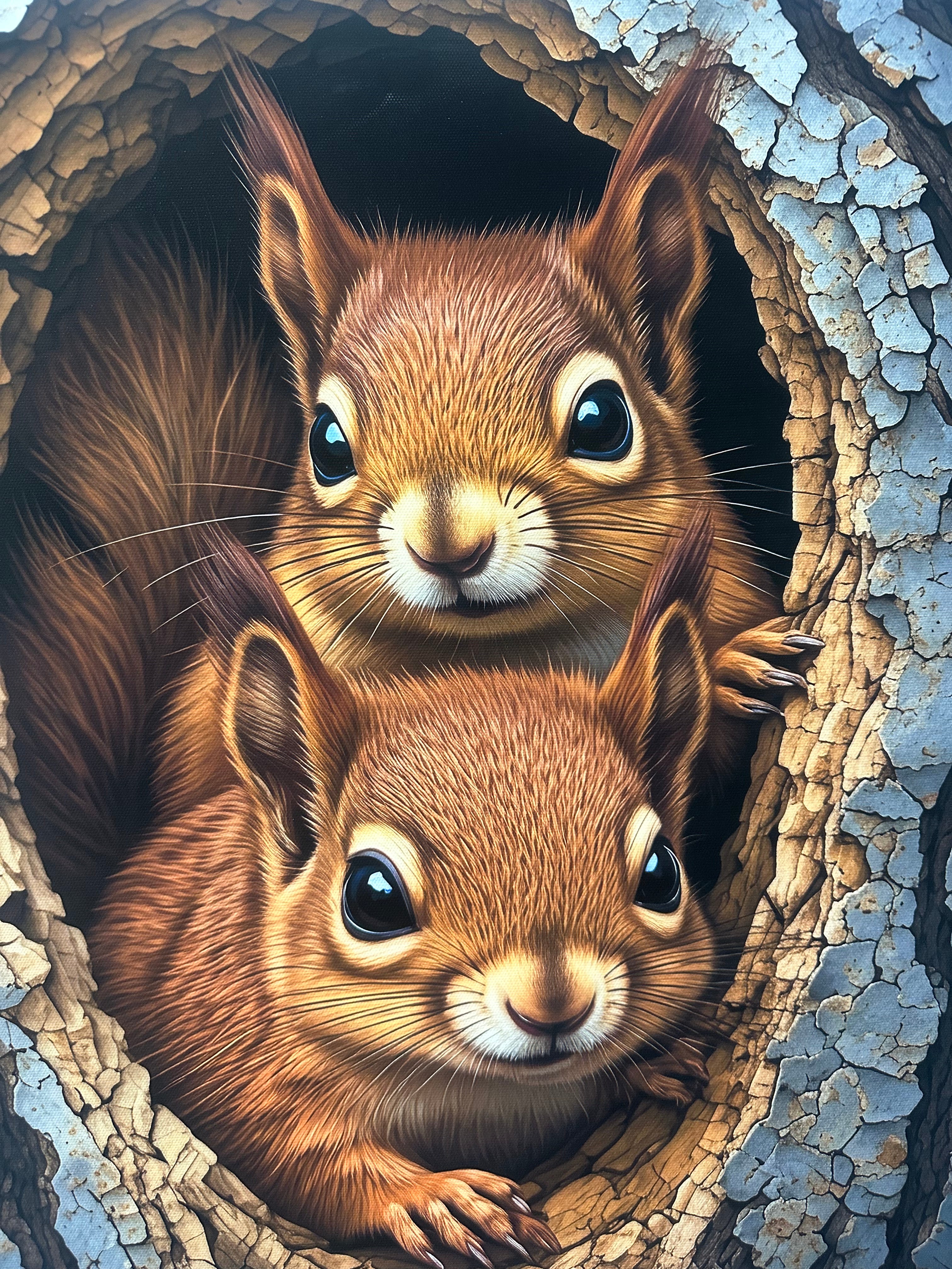 Two squirrels peeking out from a hole in a tree