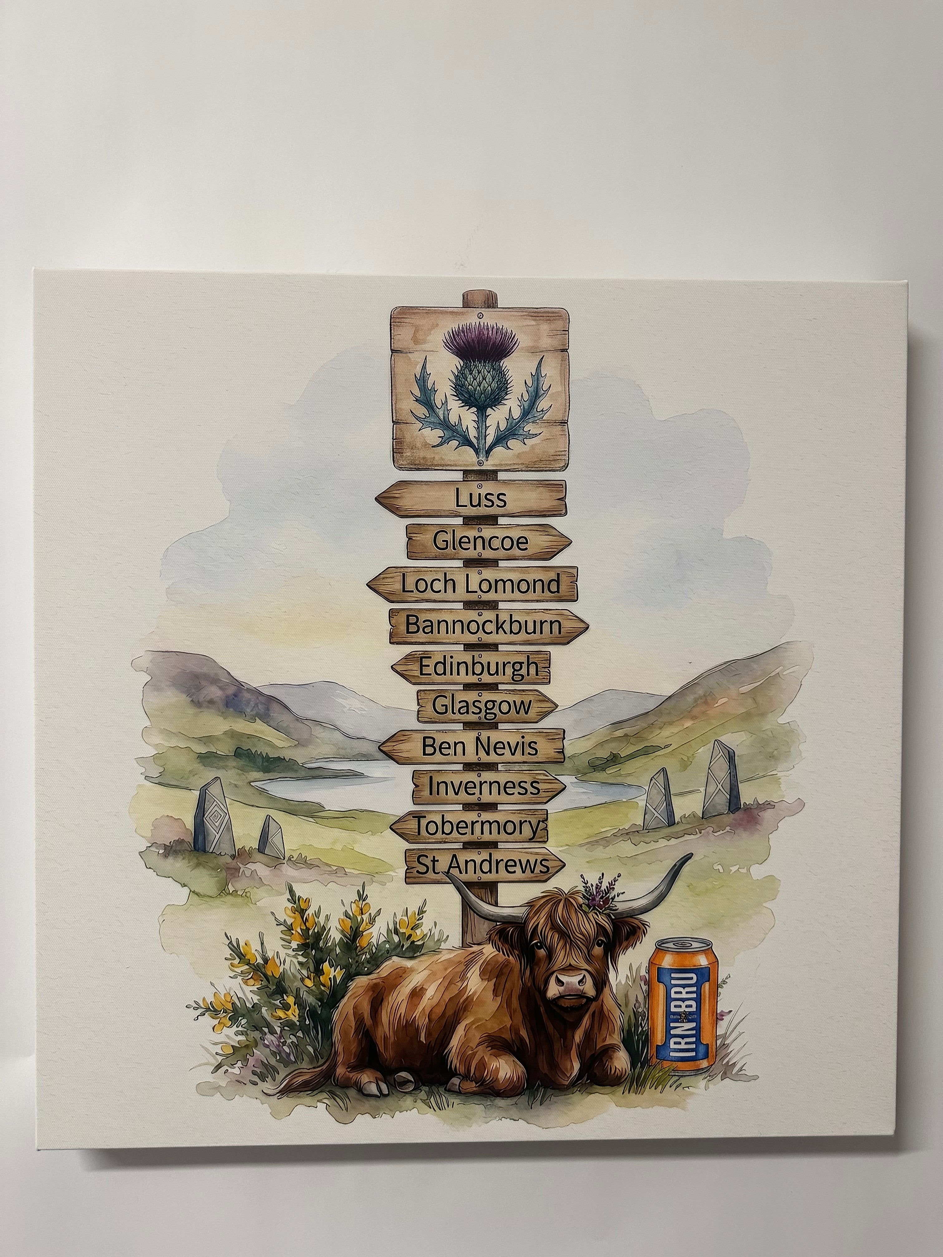 Sign post of Scotland with a highland cow and scenic elements on a white background