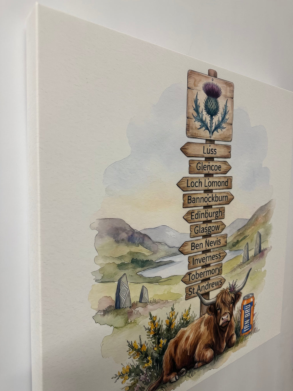 Scenic artwork with a highland cow, thistle, and Scottish Highlands on a white background