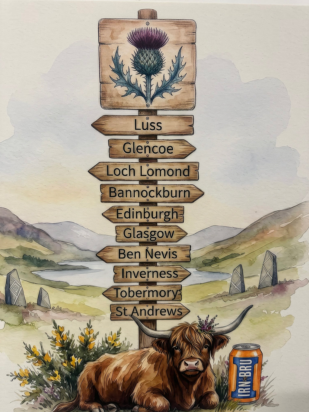 Scottish towns with wooden signposts and a highland cow.