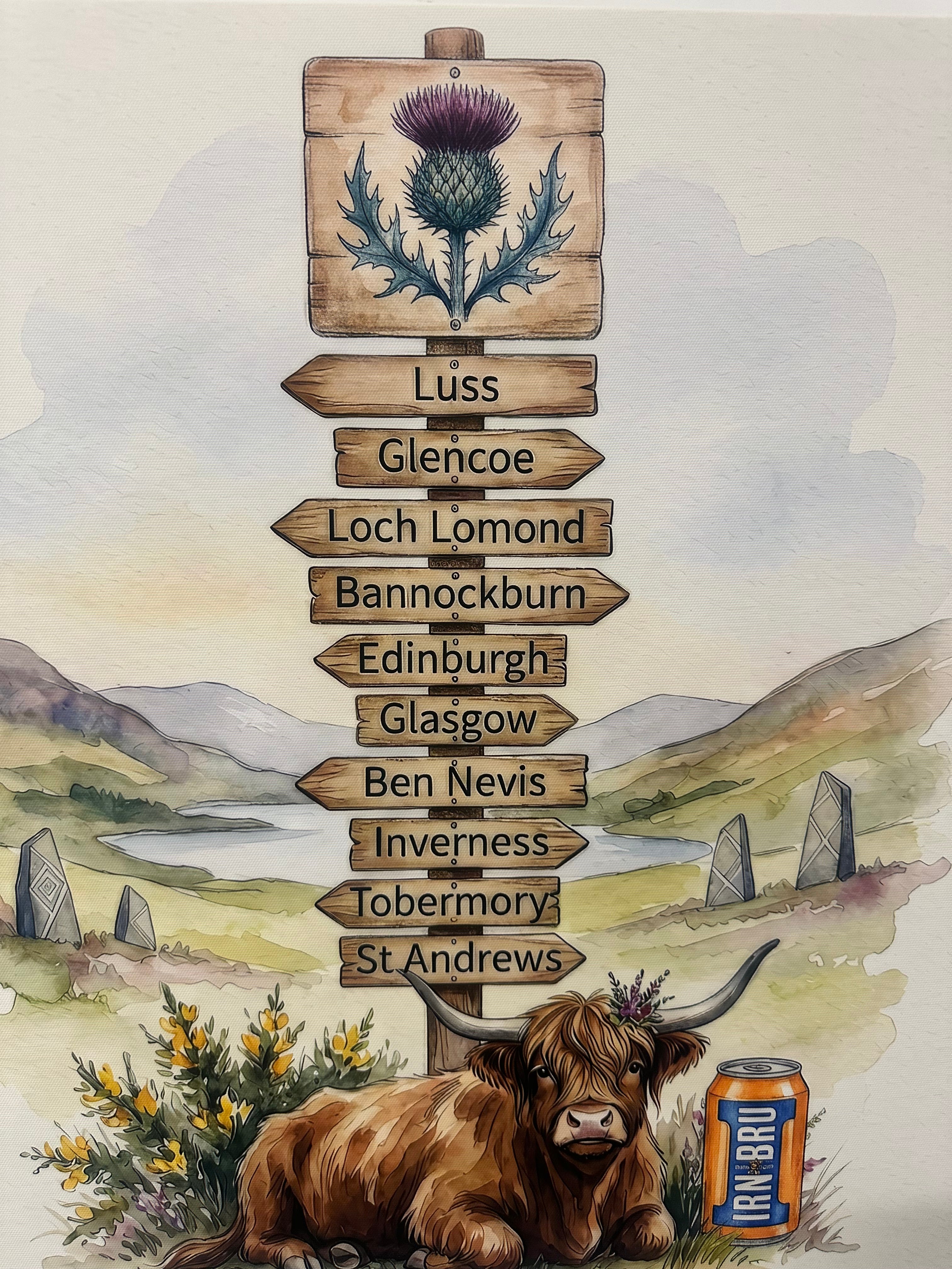 Scottish towns with wooden signposts and a highland cow.