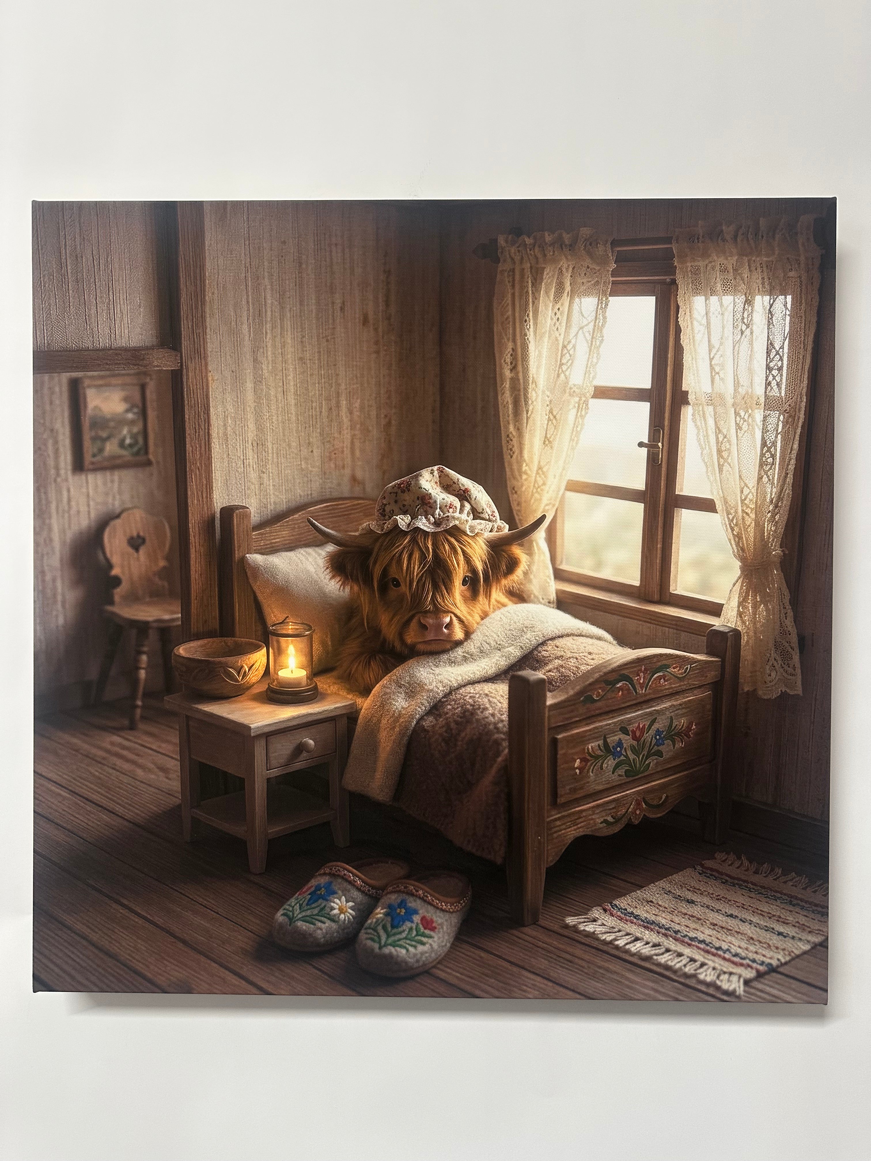 Wooden interior with a bed and dresser, bathed in warm light from a window.