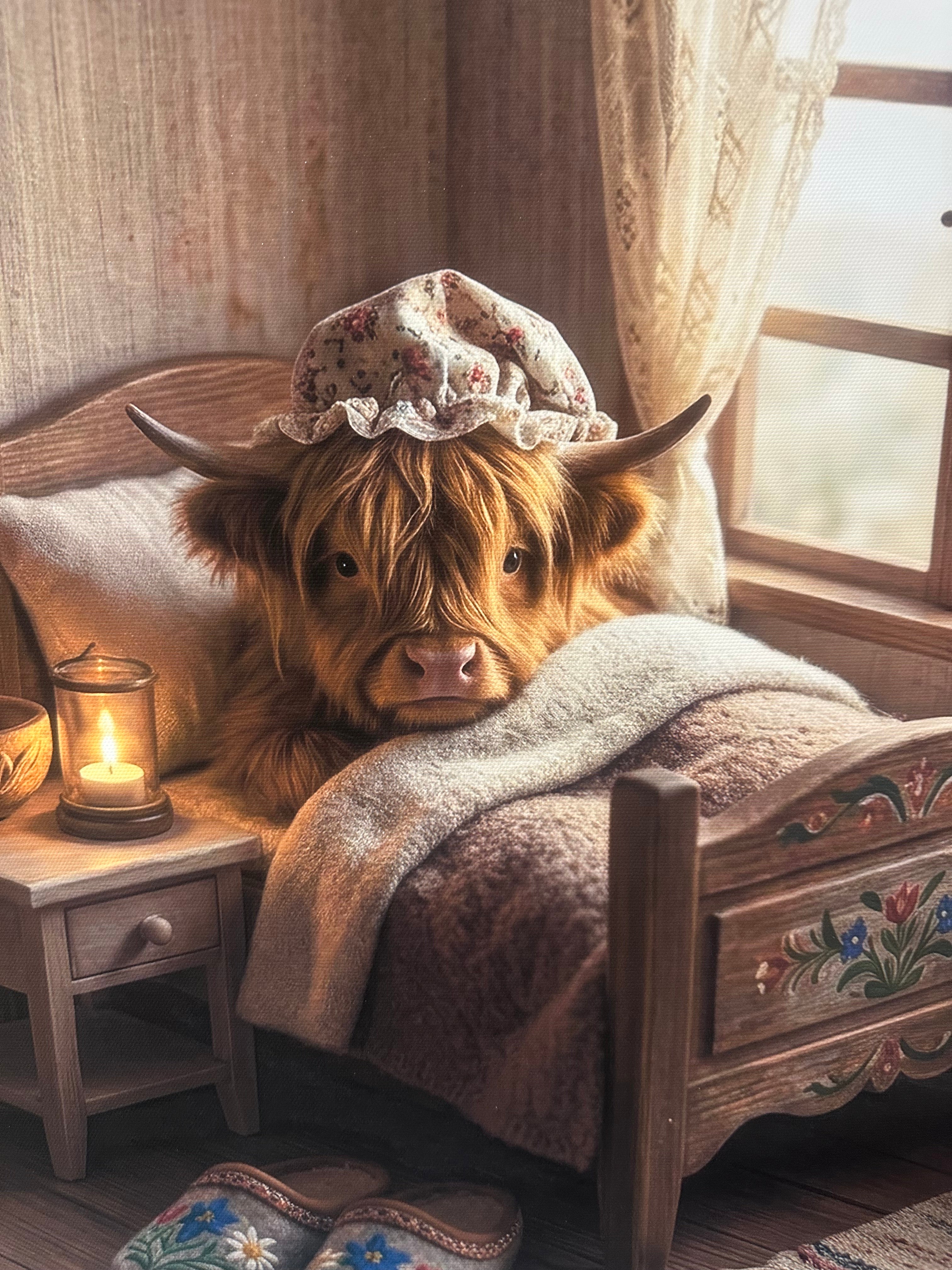Small brown cow with a floral hat lying on a wooden bed with a soft blanket.