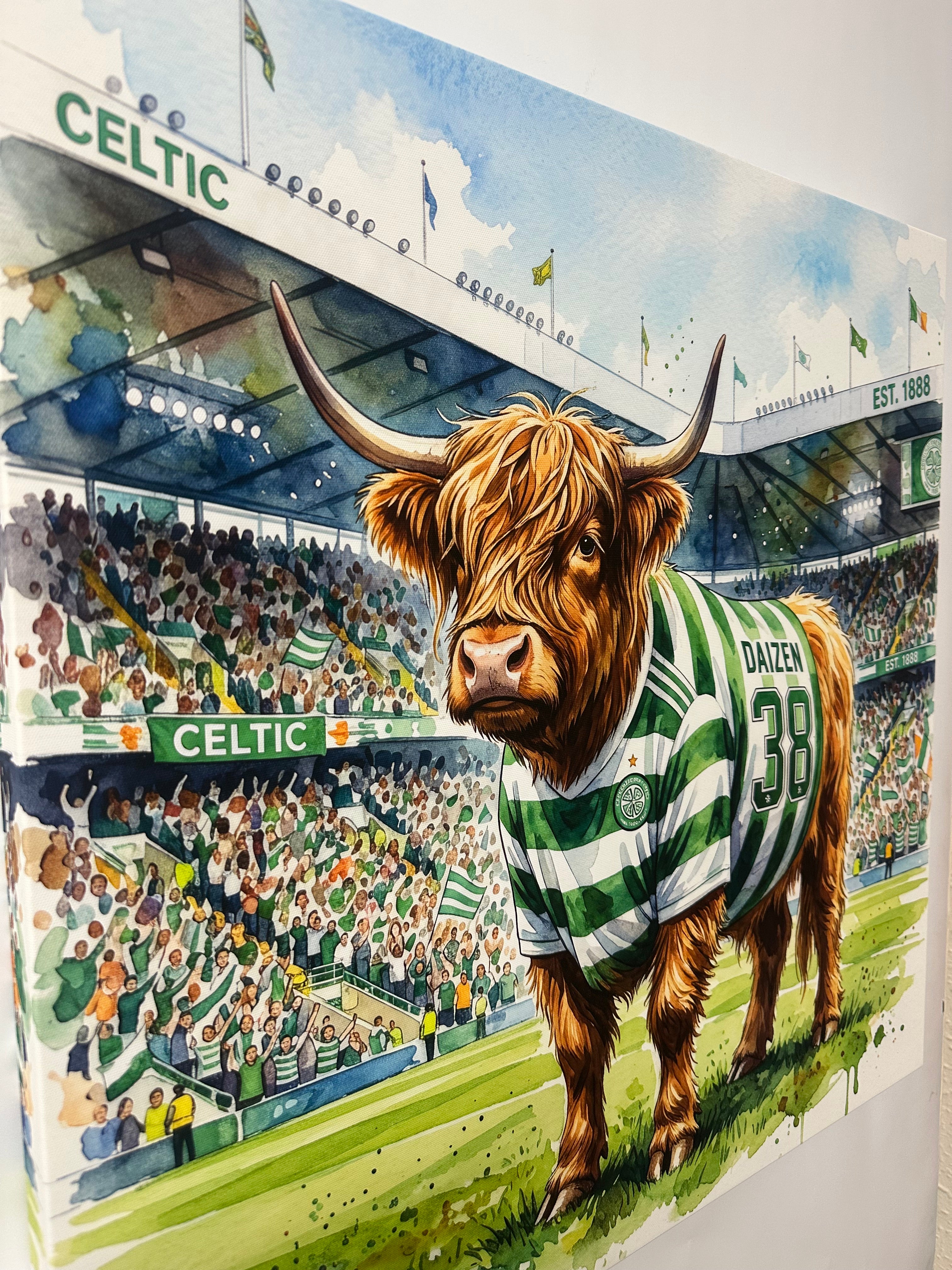 Print of a highland cow wearing a Celtic FC shirt with a stadium in the background