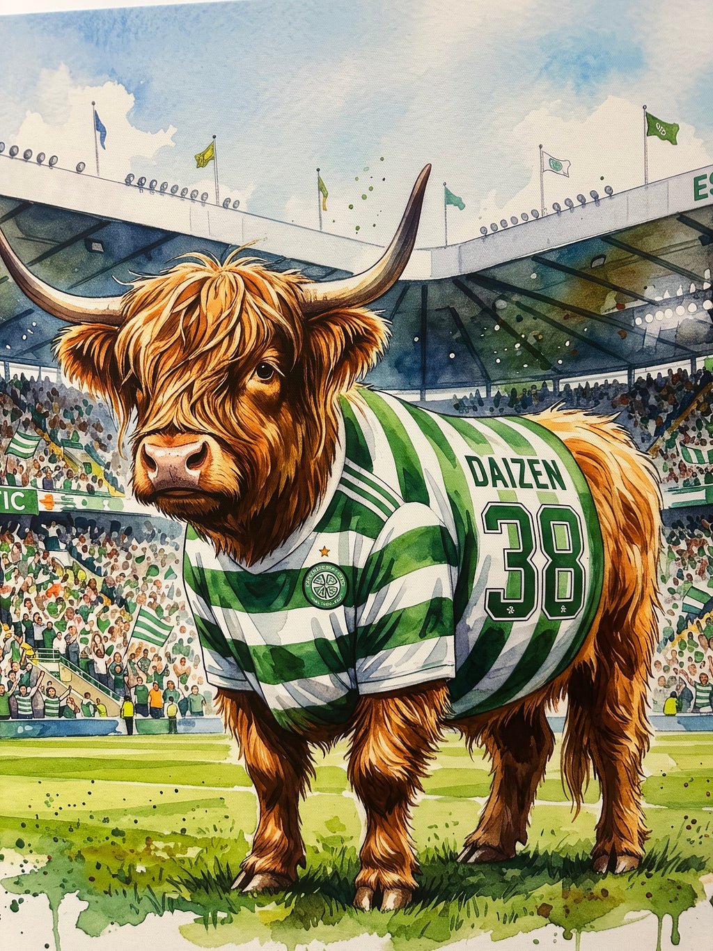 Highland cow wearing a green and white sports jersey with number 38, set against a stadium background.