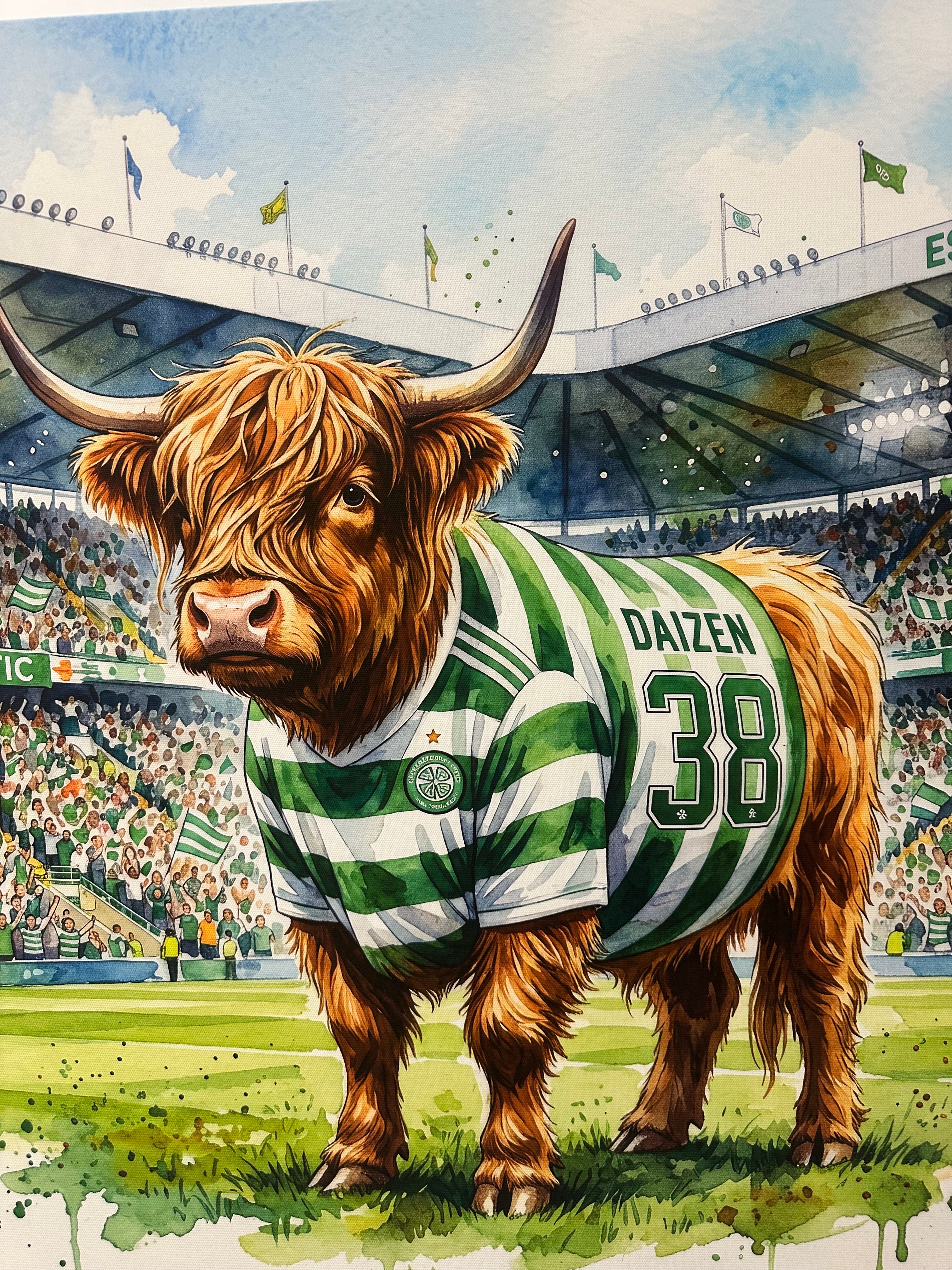 Highland cow wearing a green and white sports jersey with number 38, set against a stadium background.