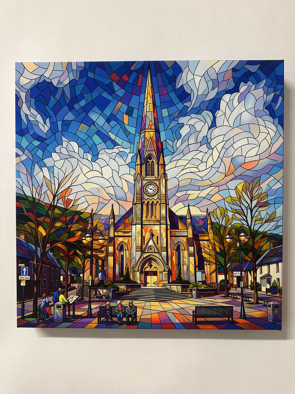 Colorful stained glass-style artwork of a clock tower with trees and clouds.
