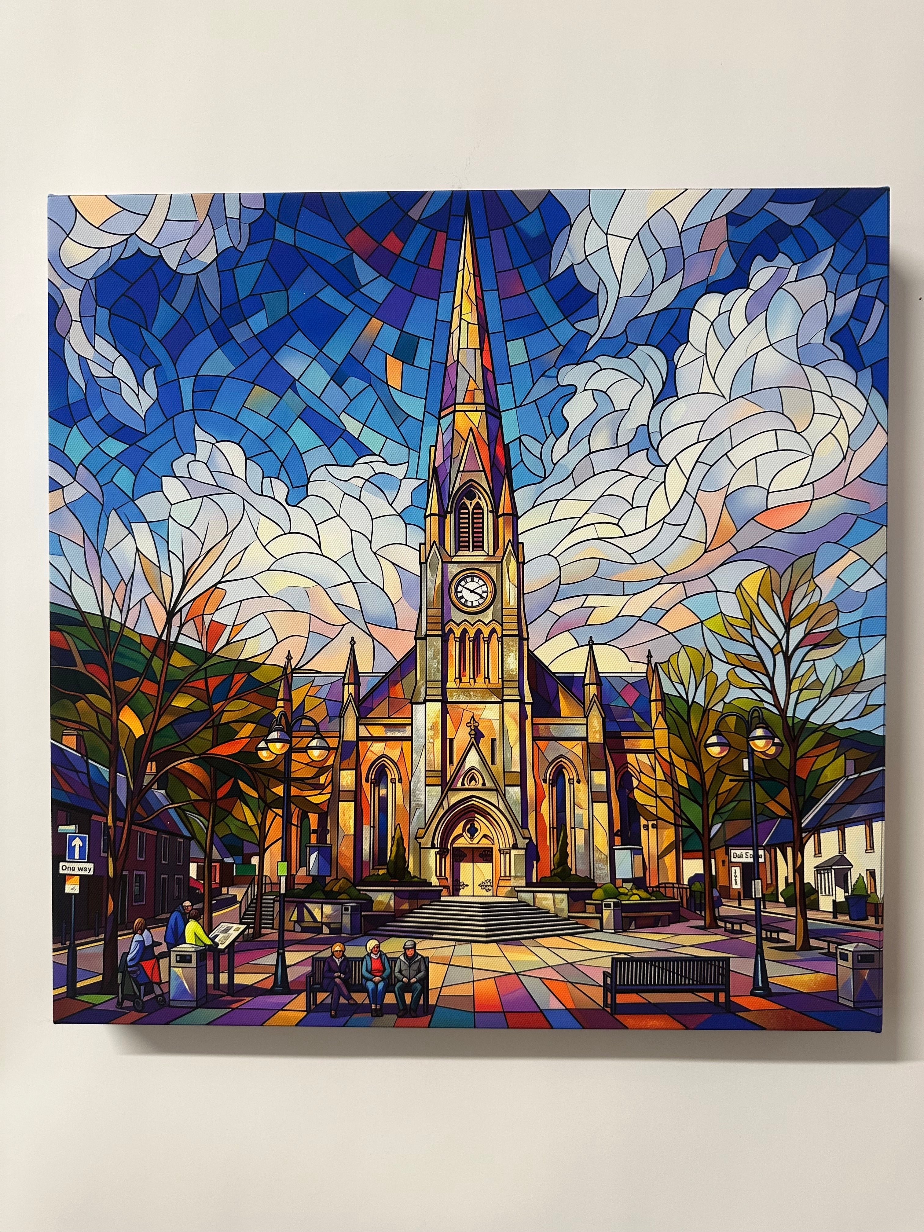 Colorful stained glass-style artwork of a clock tower with trees and clouds.