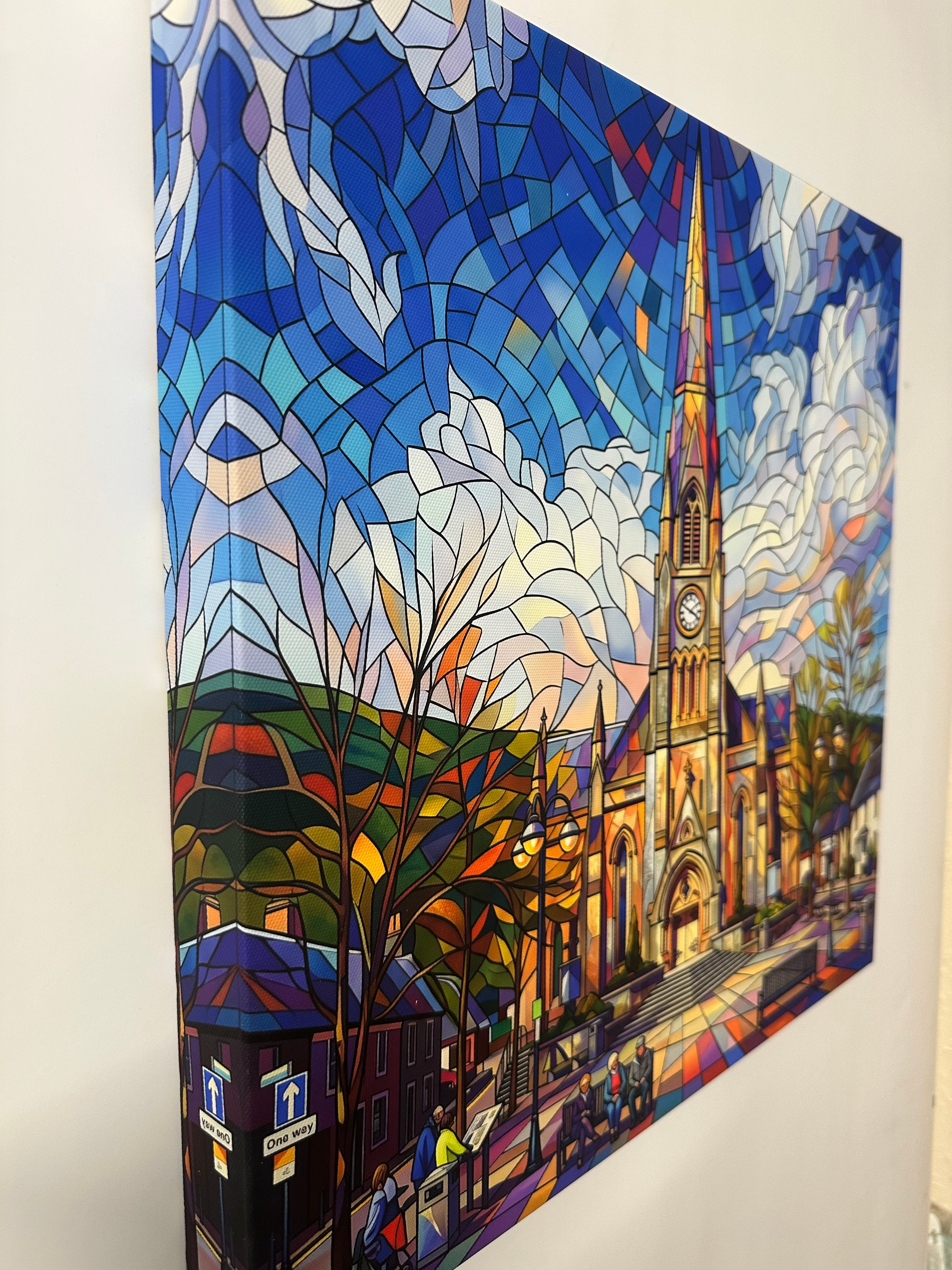 Colorful mosaic art piece on a white surface