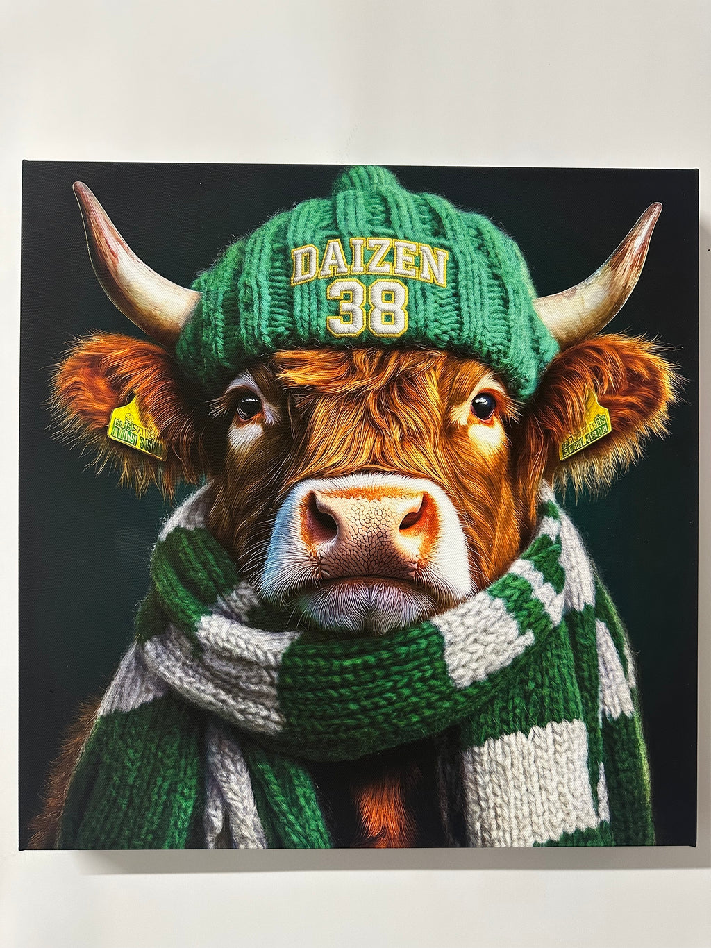 Cow wearing a green knitted hat and scarf with 'DAIZEN 38' text on a dark background