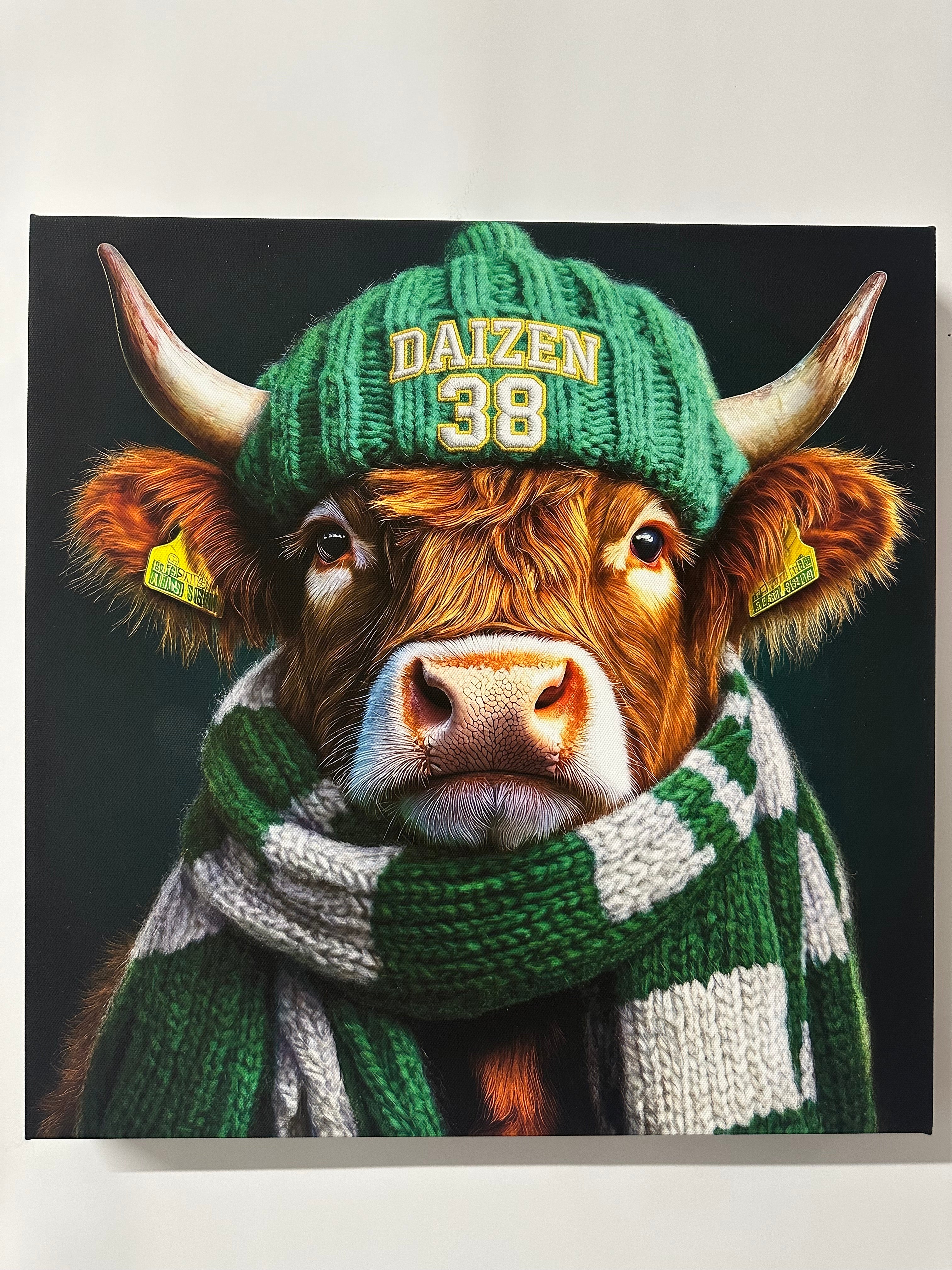 Cow wearing a green knitted hat and scarf with 'DAIZEN 38' text on a dark background