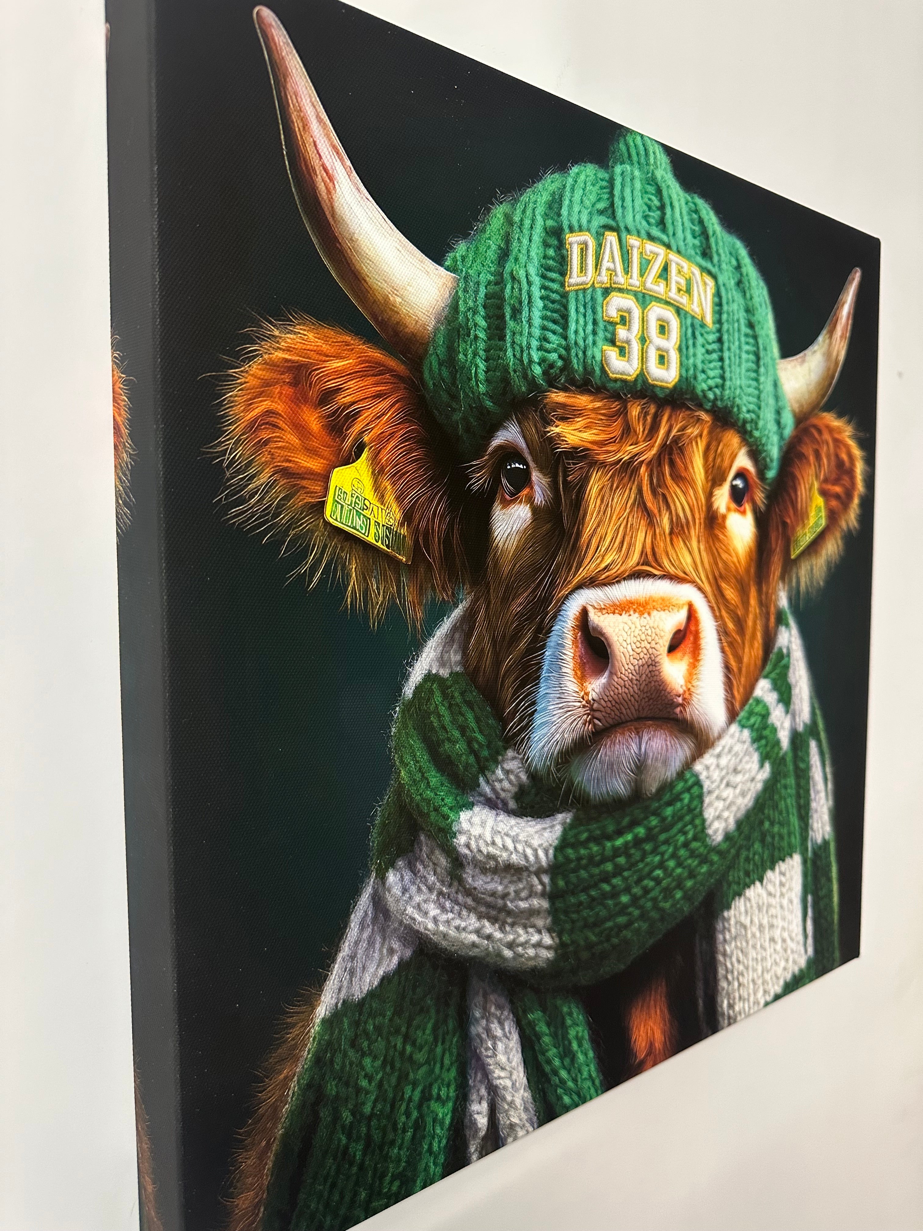 Print of a highland cow wearing a green scarf and hat on a black background