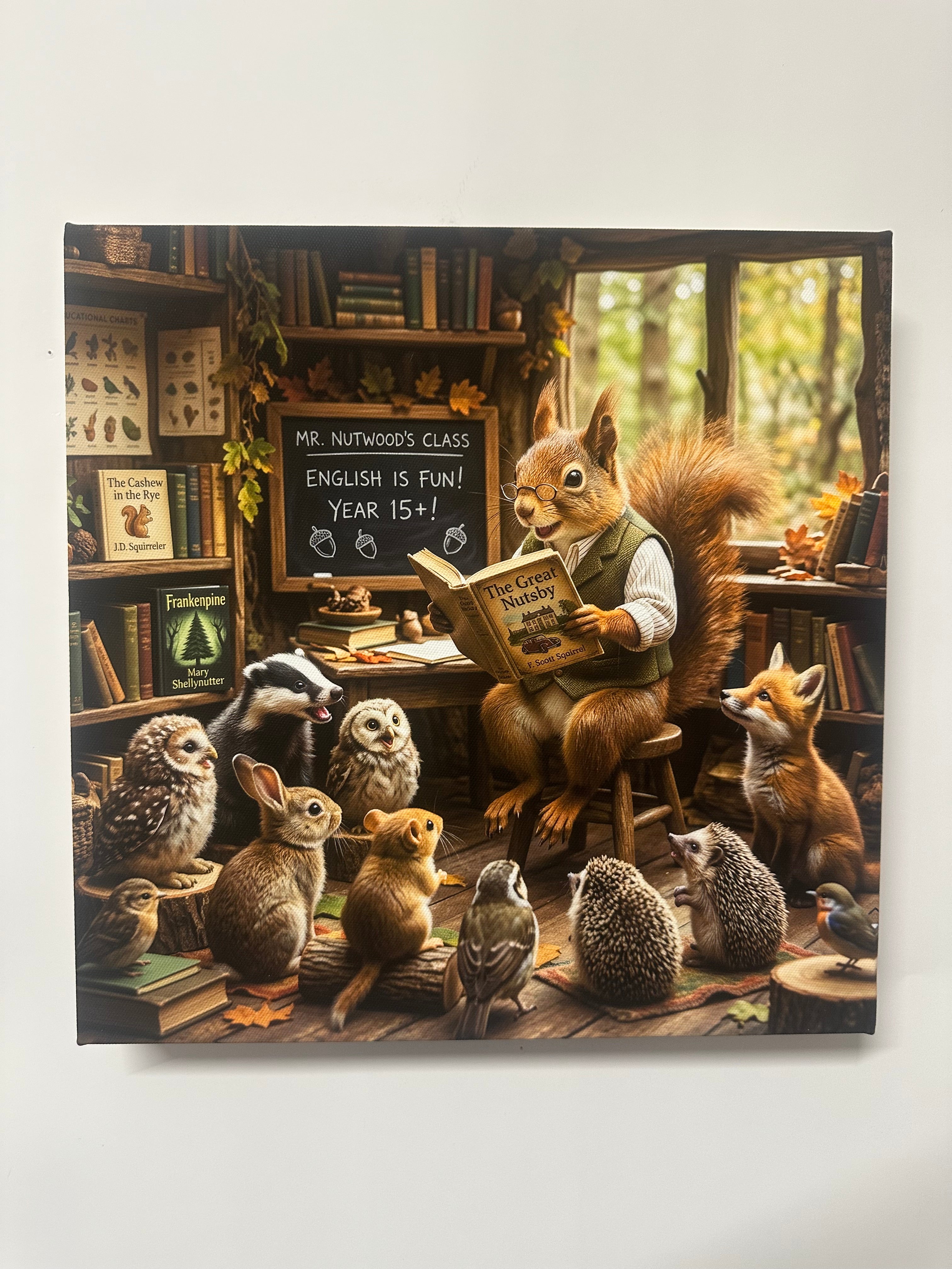 Canvas print of a squirrel teaching animals in a classroom setting.