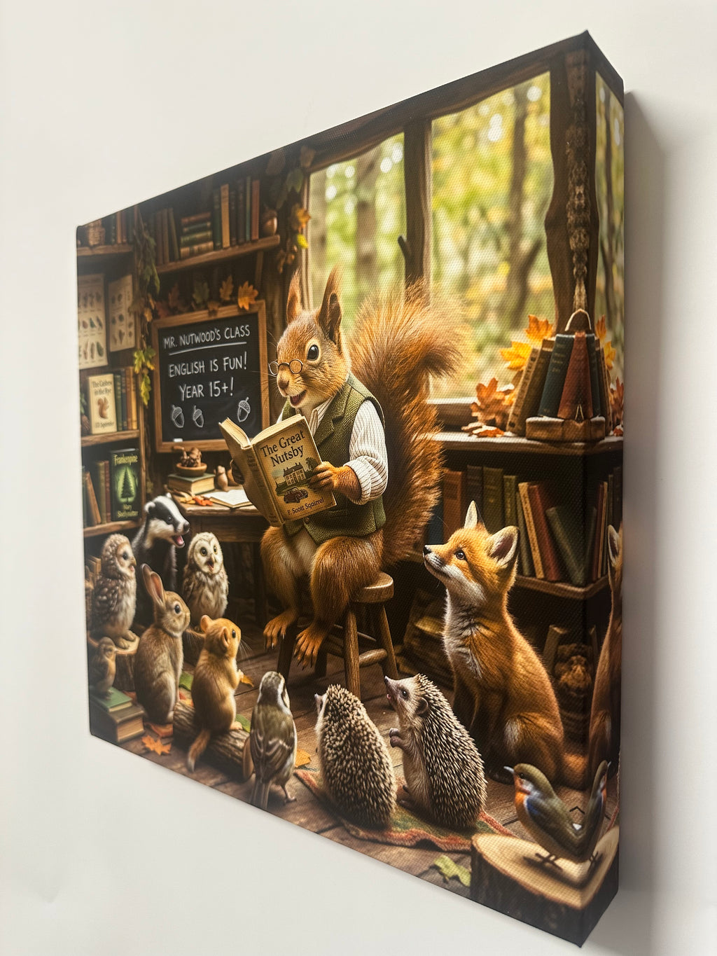 Canvas print of a squirrel reading a book to animals in a classroom setting.
