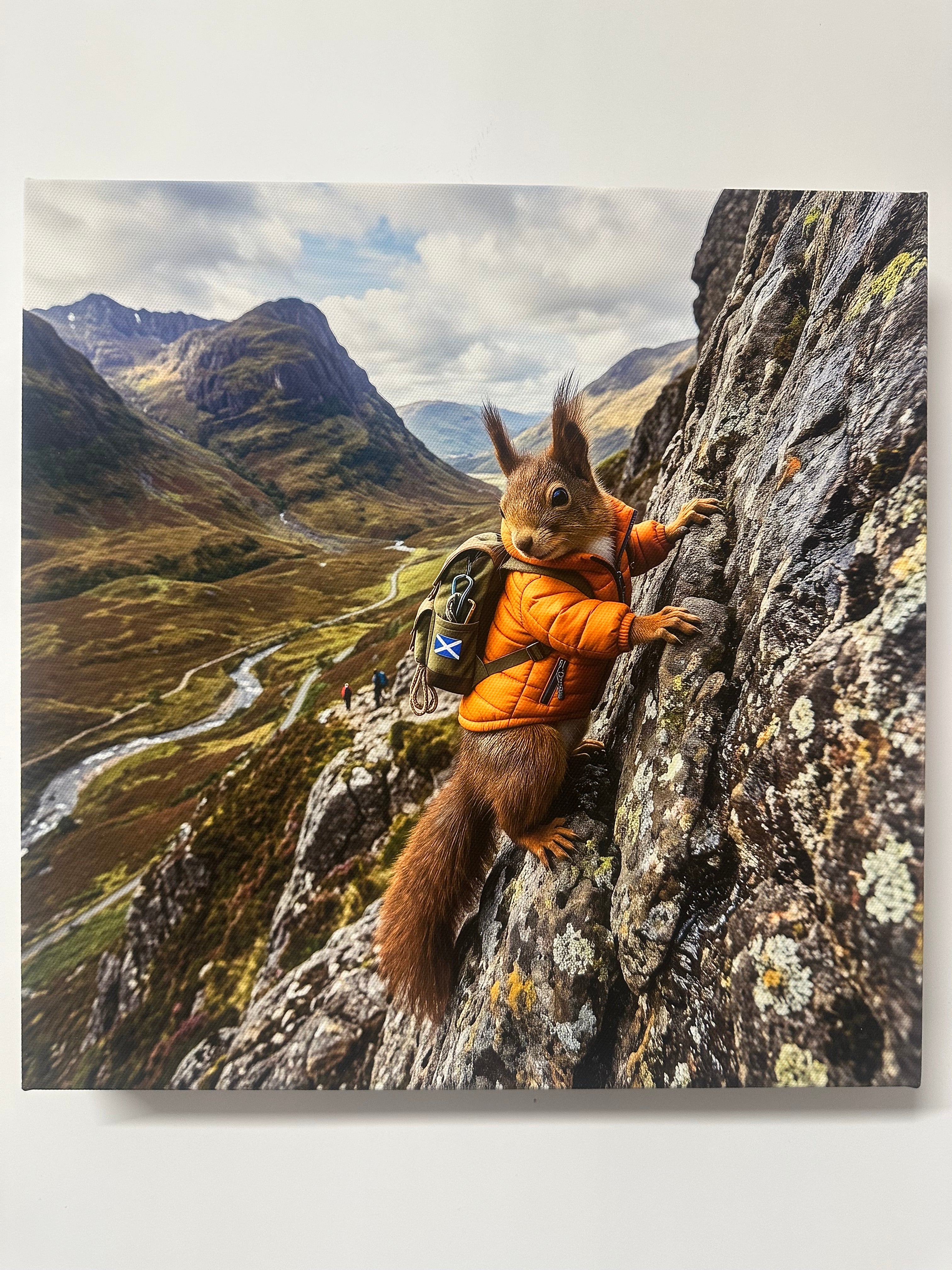 Squirrel in an orange jacket on a rock with mountain reflection