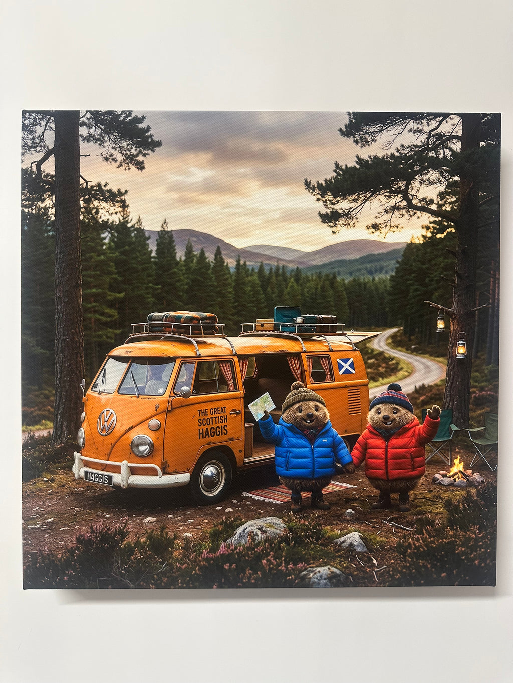 Vintage-style photo of a camper van with Haggis bears on a scenic road trip.