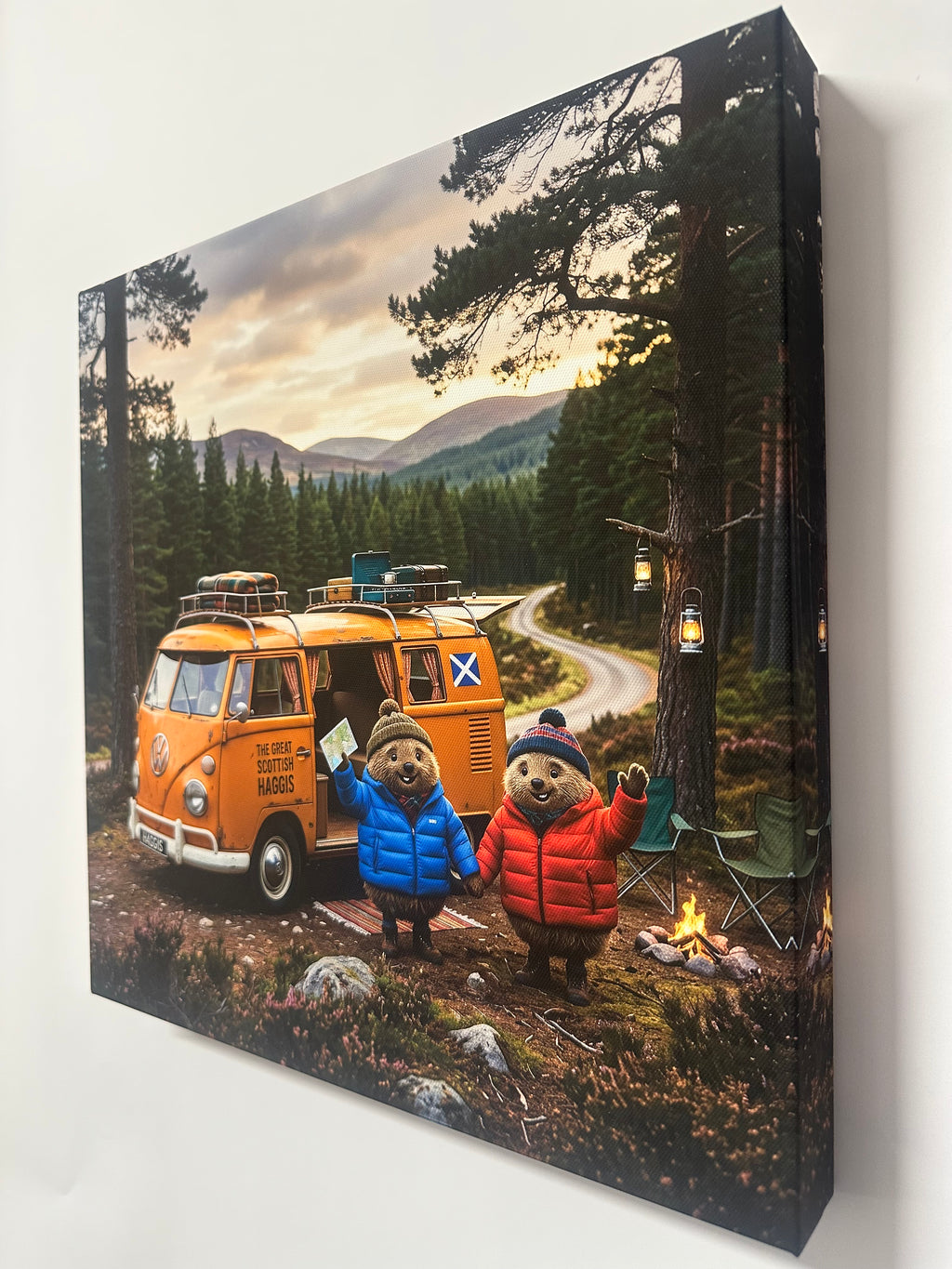 Canvas print of a scenic outdoor scene with a vintage van and Haggis, featuring a mountain and forest landscape.