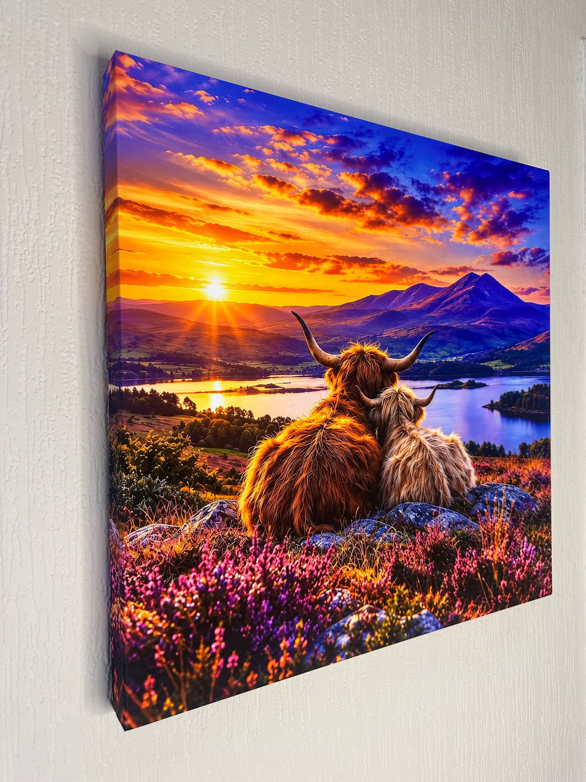 A square canvas wall art print showing a dramatic sunset landscape with mountains, a lake, and two Highland cows in the foreground, displayed against a light gray wall.