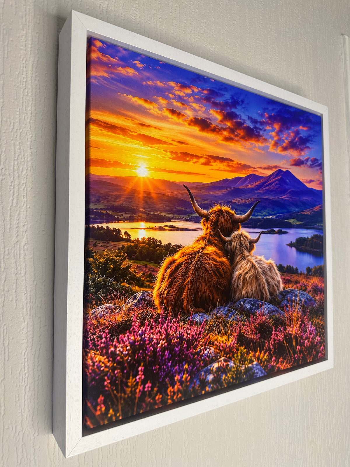 A framed wall art print showing two Highland cows sitting in a field of purple flowers, with a lake, mountains, and a vivid sunset sky behind them. The print is mounted on a light gray textured wall.