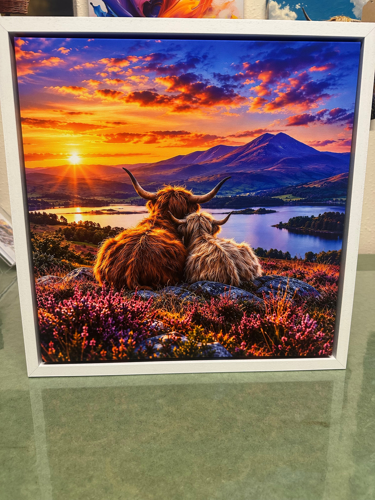 Highland Cow at Sunset – Framed Canvas Wall Art