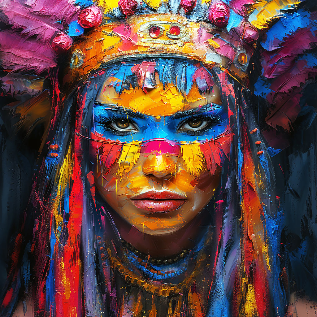 Colorful portrait of a person with a headdress and face paint