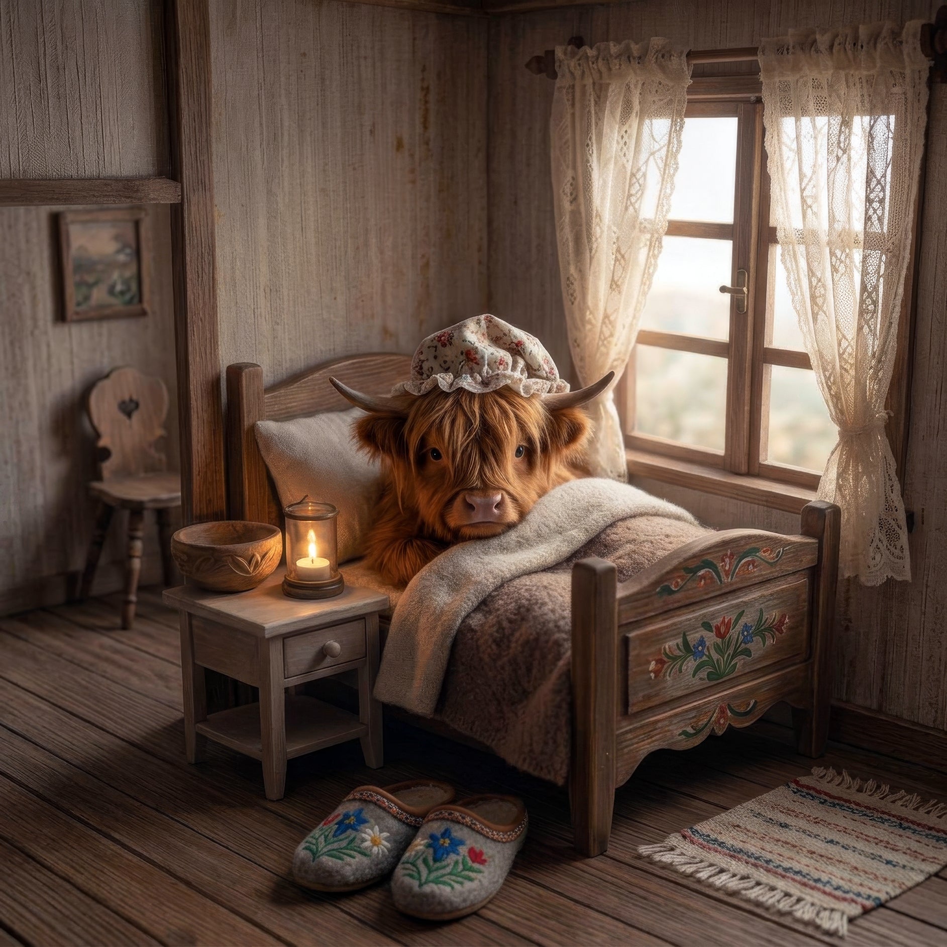 Cow in a bedroom with a bed, window, and slippers.
