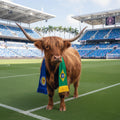 Highland cow wearing a scarf with Scottish and Brazilian flags on a sports field.