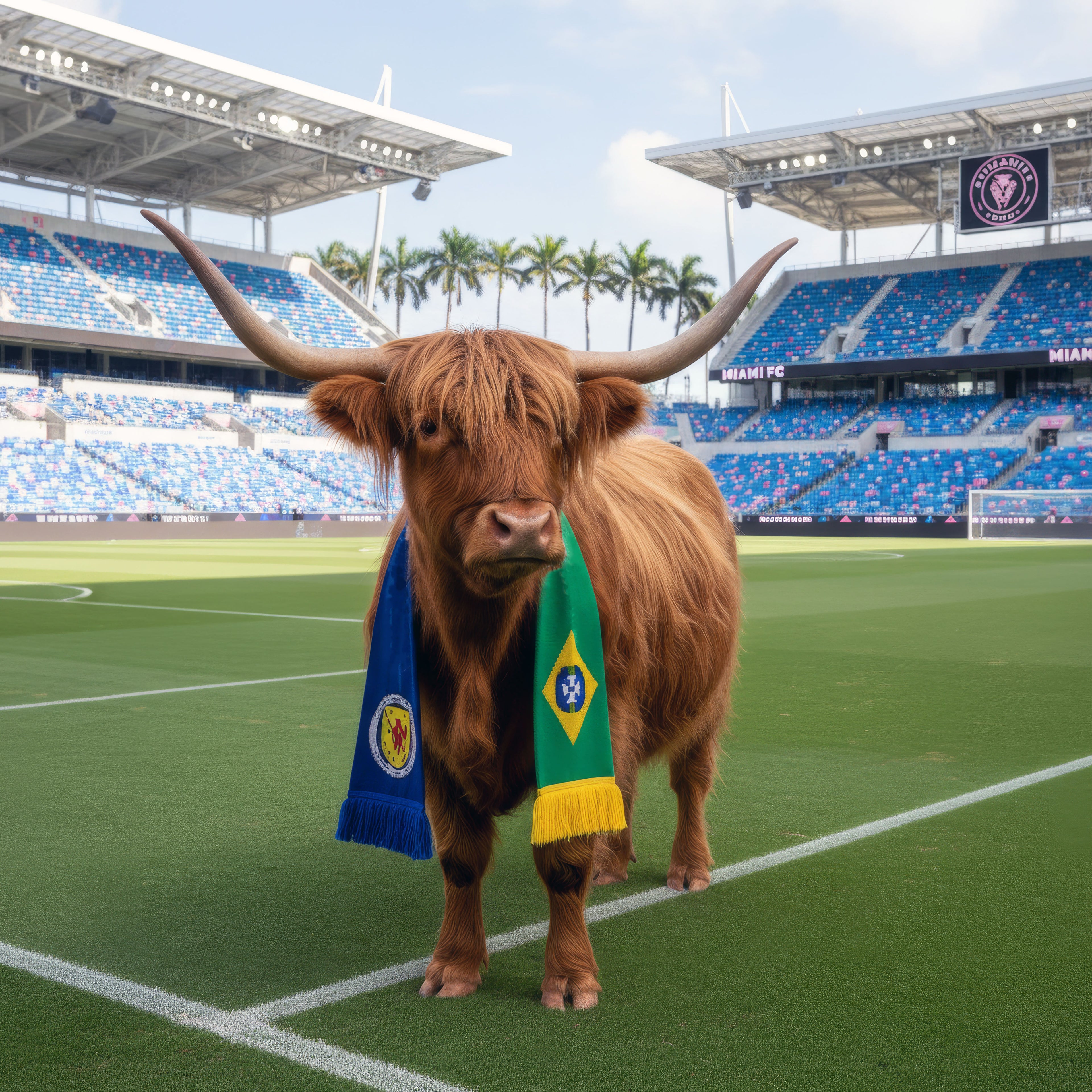 Highland cow wearing a scarf with Scottish and Brazilian flags on a sports field.