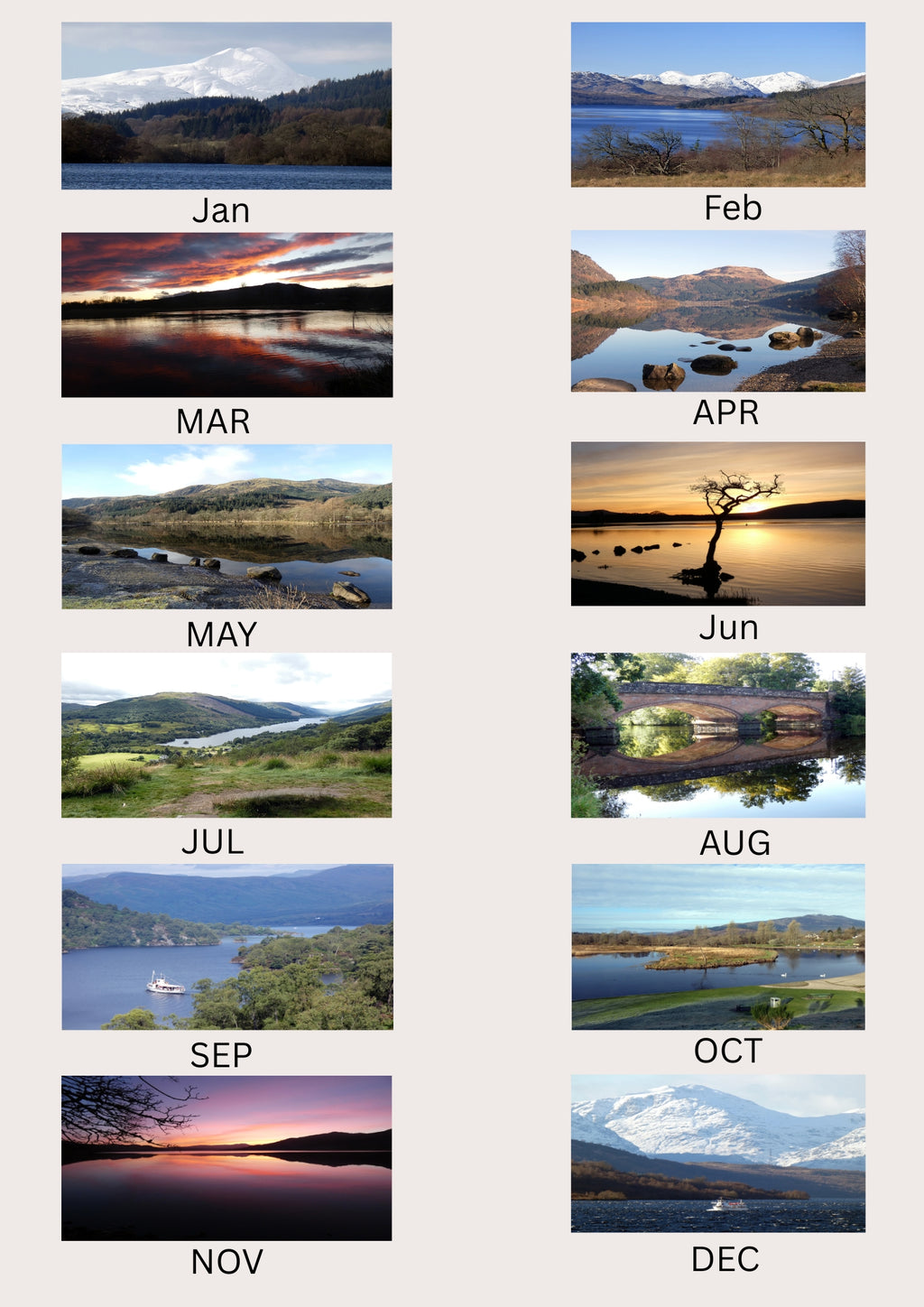 A collage of twelve landscape photographs arranged in a 3x4 grid on a light beige background, with monthly labels Jan through Dec beneath each image. The scenes show lakes, mountains, forests, and sunset reflections, suggesting a seasonal landscape print or wall art design.
