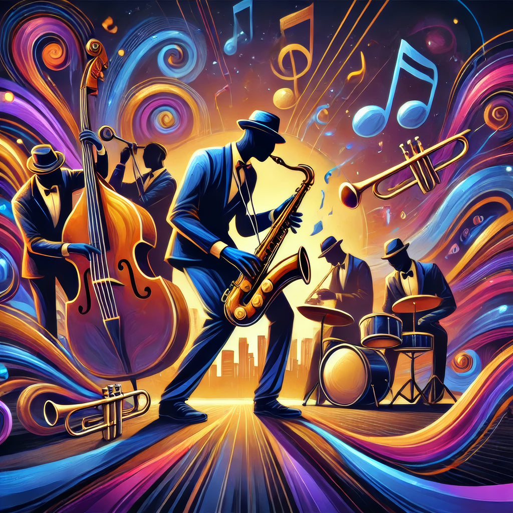 Colorful illustration of a jazz band performing with musical instruments and notes.