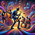 Colorful illustration of a jazz band performing with musical instruments and notes.