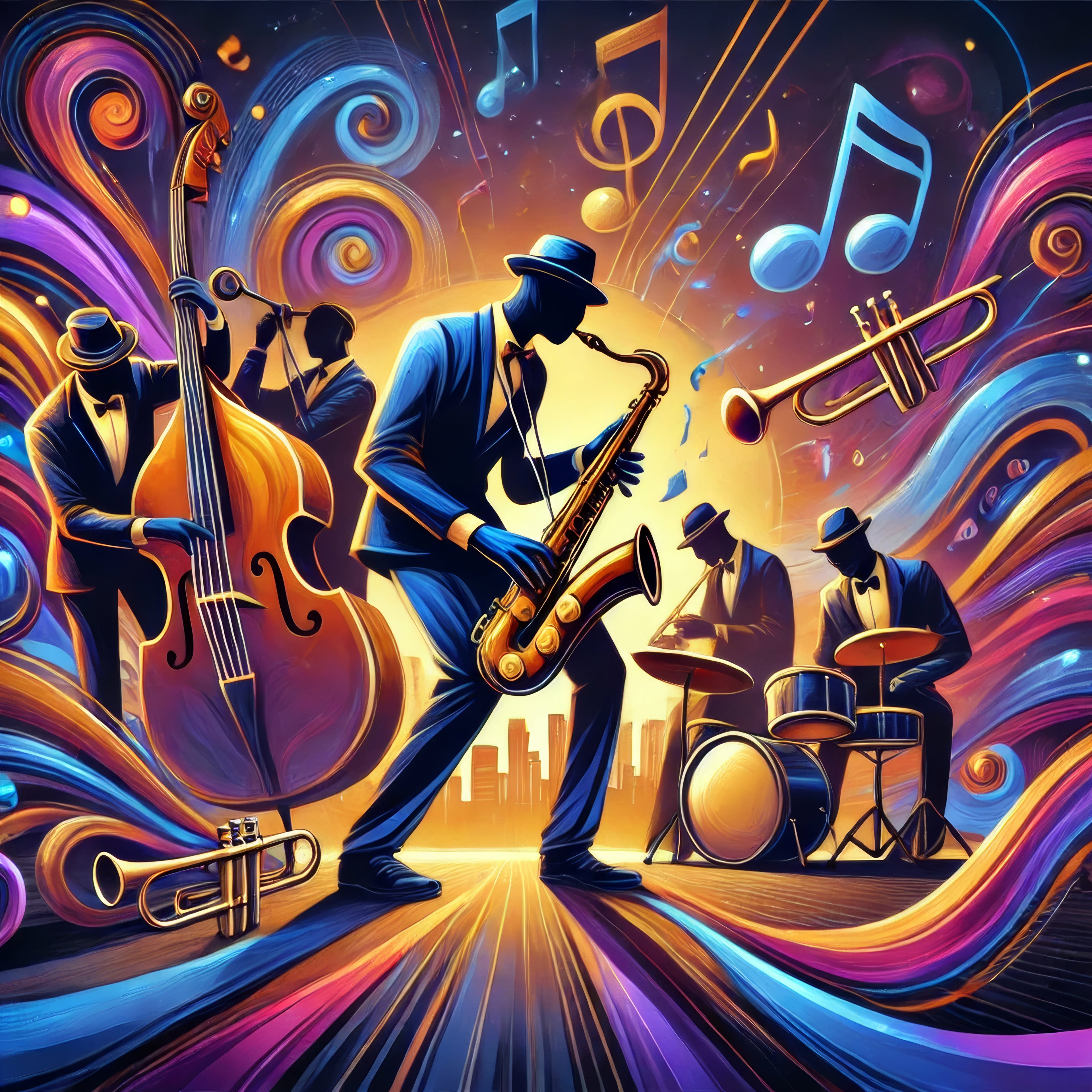 Colorful illustration of a jazz band performing with musical instruments and notes.