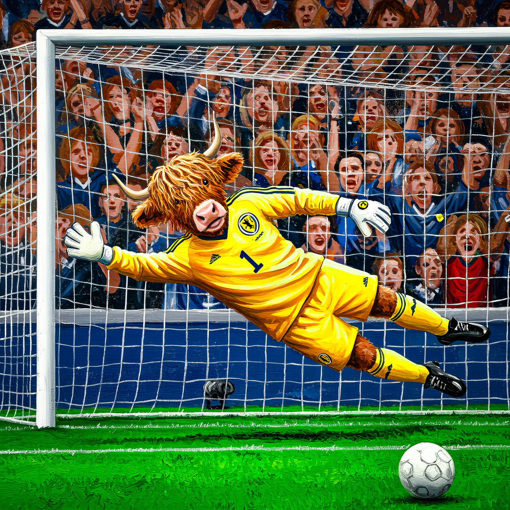 Goalkeeper in a yellow uniform with a highland cow head in front of a crowd