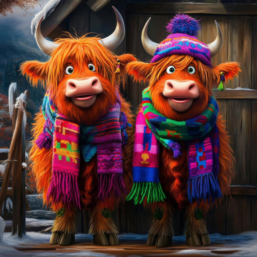 Two animated Highland cows wearing colorful scarves and hats in a rustic setting.