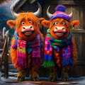 Two animated Highland cows wearing colorful scarves and hats in a rustic setting.