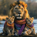 Lion with two cubs wearing scarves against a natural background