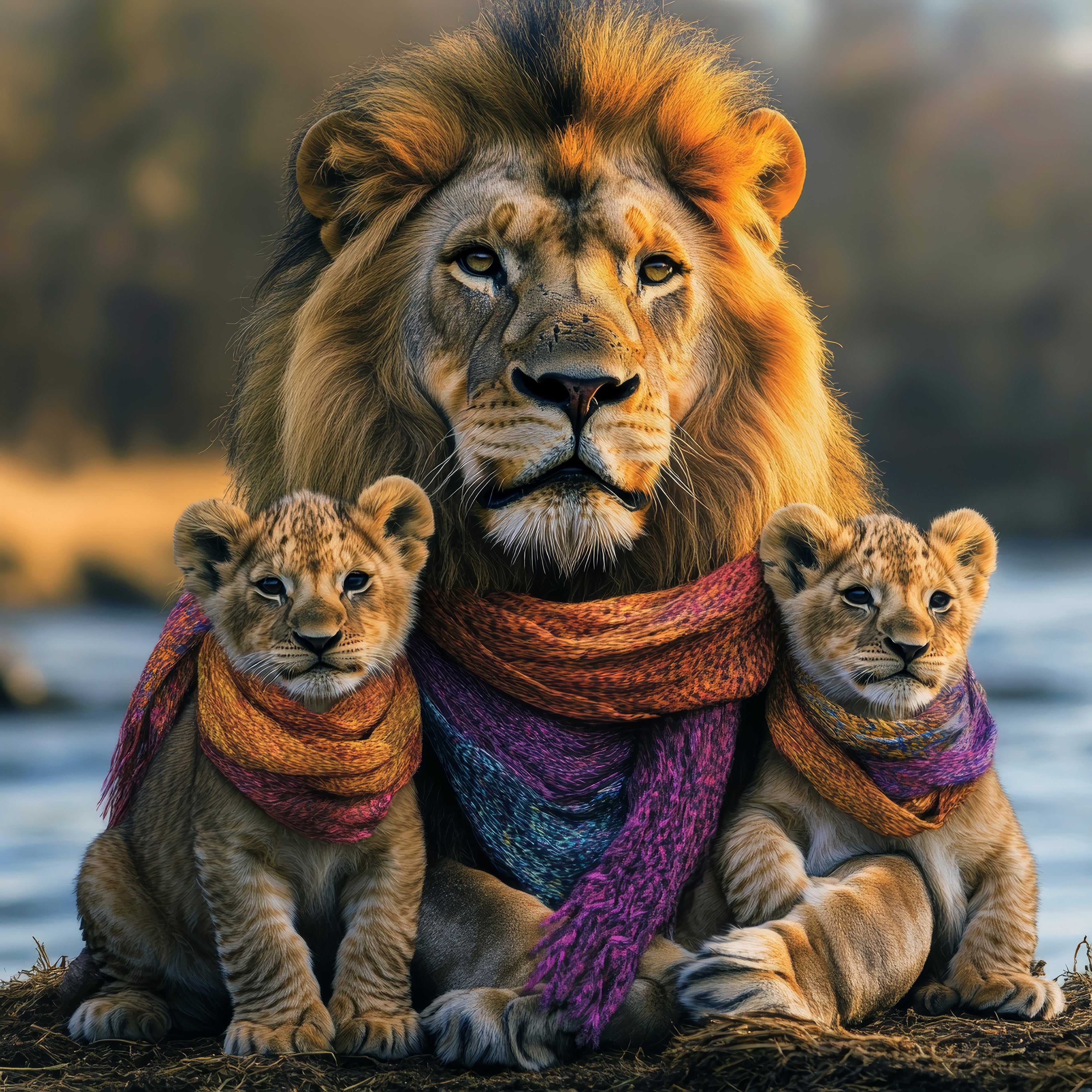 Lion with two cubs wearing scarves against a natural background