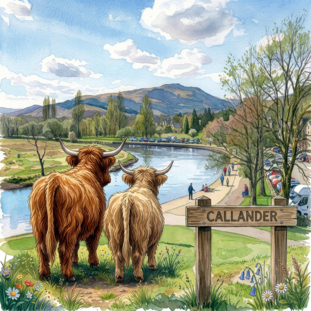 A colorful watercolor-style illustration of a scenic landscape with two Highland cows standing on a grassy path near a river, with mountains, trees, parked cars, and a wooden sign reading CALLANDER in the background.