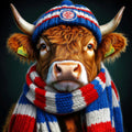 Cow wearing a knitted hat and scarf in his teams colours with a dark background