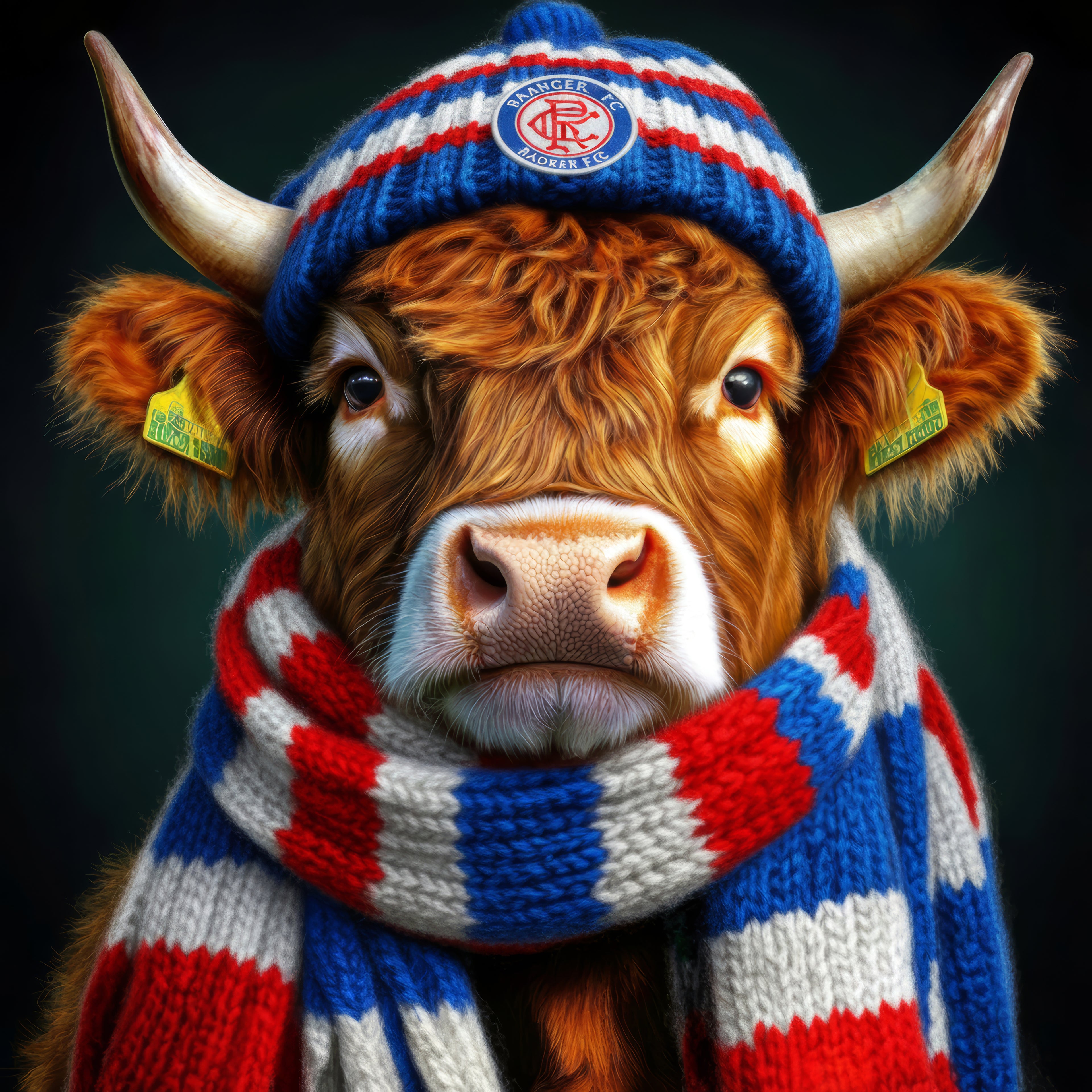 Cow wearing a knitted hat and scarf in his teams colours with a dark background