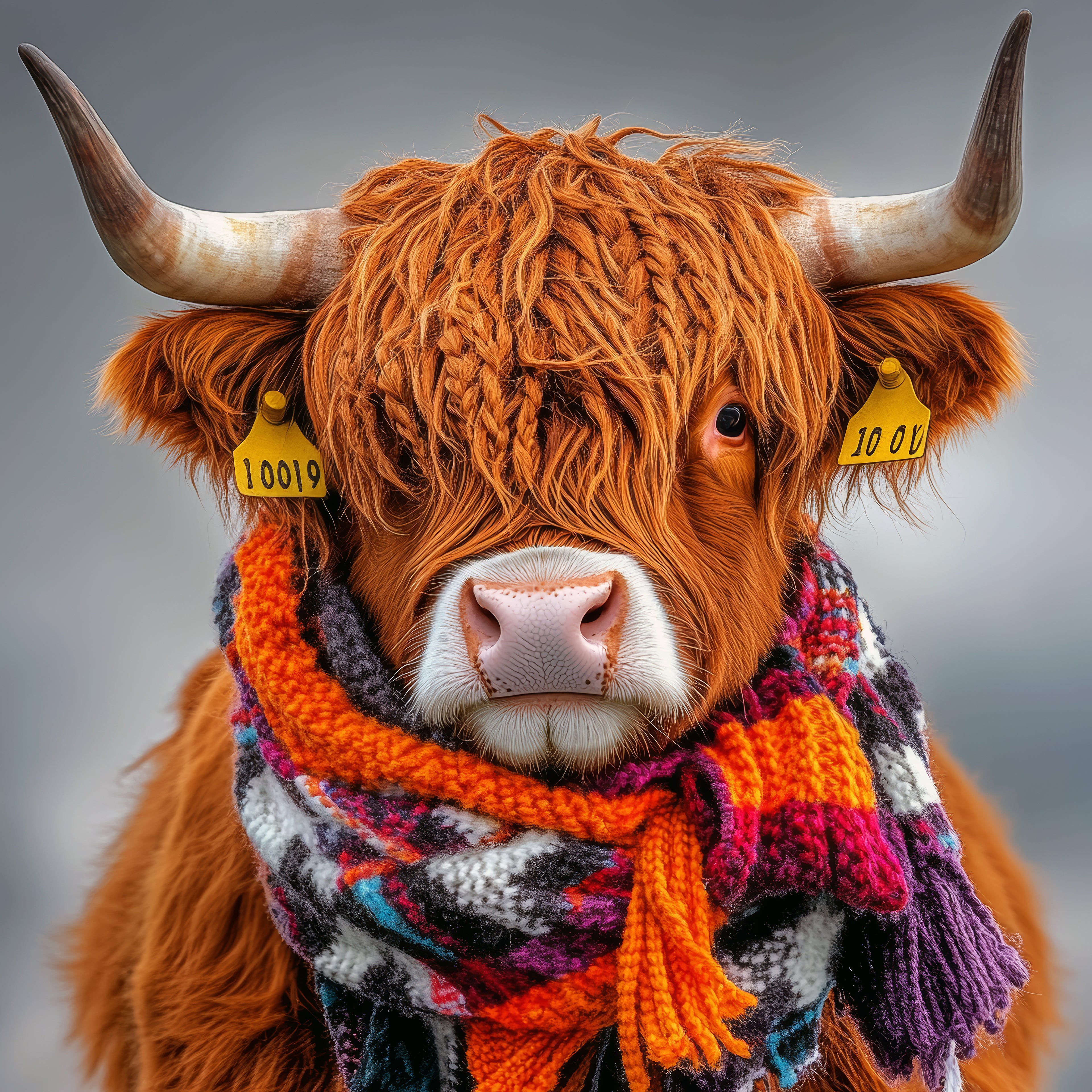 Highland cow wearing a colorful scarf with a blurred background