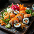Assorted sushi rolls on a wooden plate with garnishes