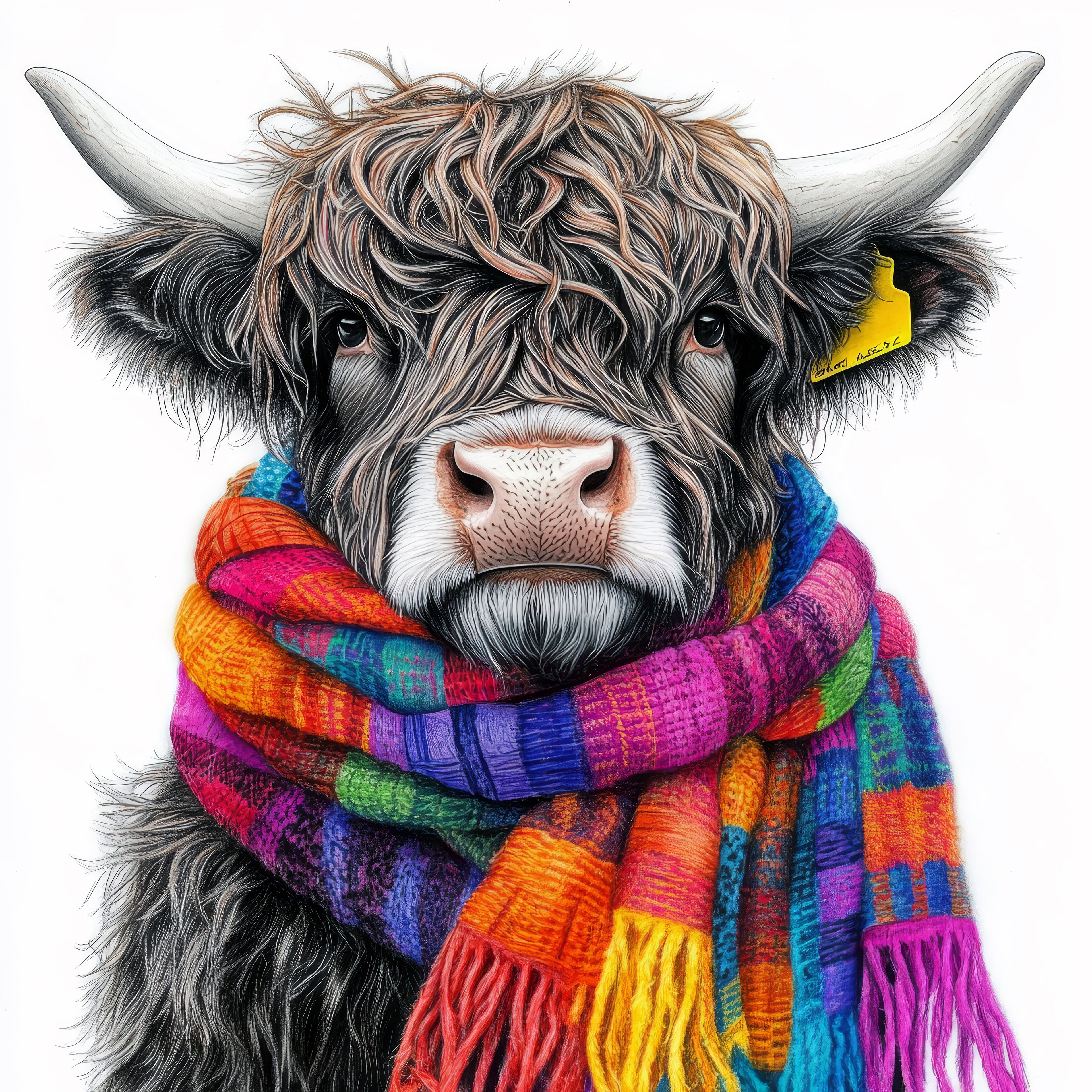 Illustration of a cow wearing a colorful scarf on a white background