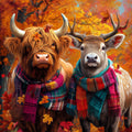 Two animals, one resembling a highland cow and the other a deer, wearing colorful scarves against an autumnal background.