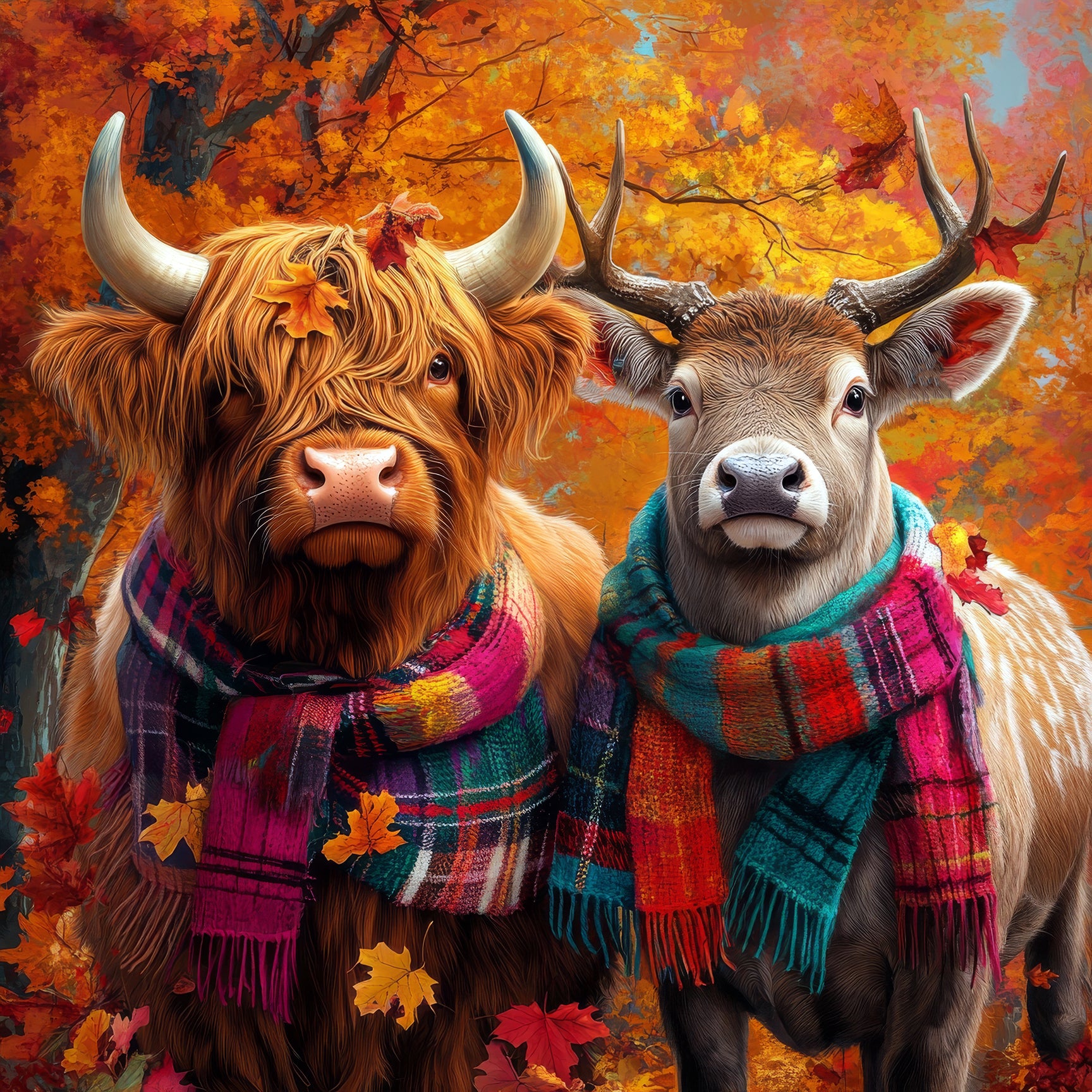 Two animals, one resembling a highland cow and the other a deer, wearing colorful scarves against an autumnal background.