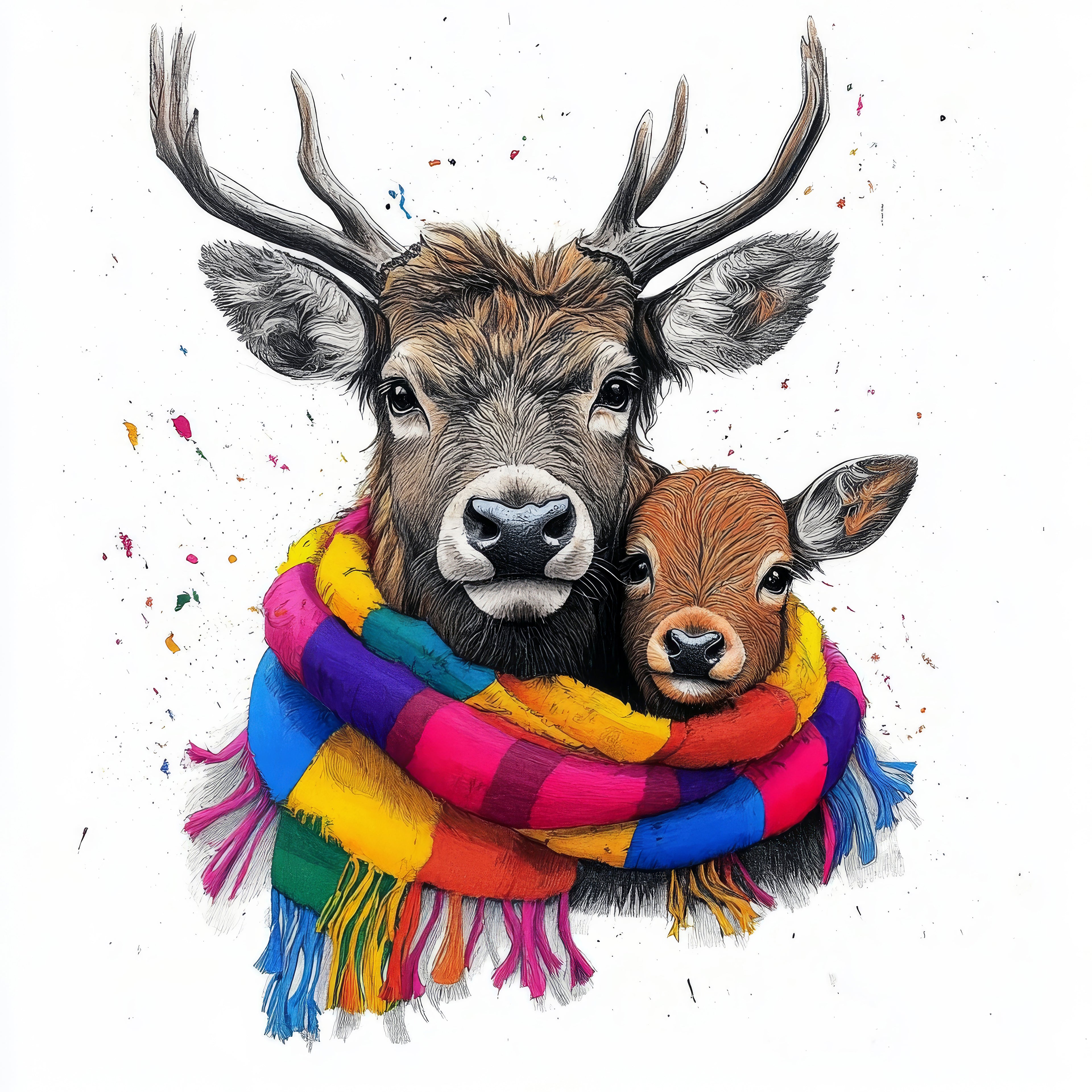 Two deer wearing a colorful scarf on a white background