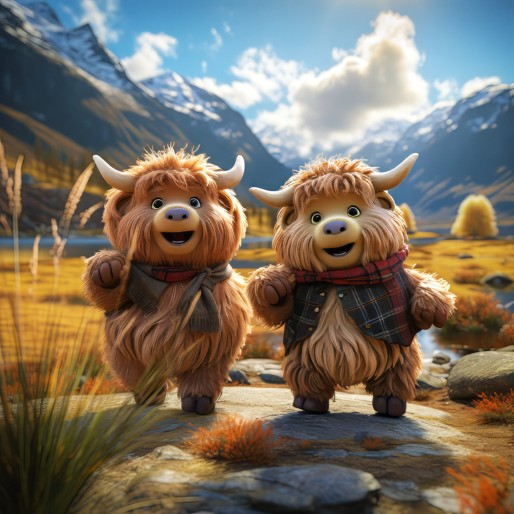 Two cartoon-style Highland cows with plaid scarves standing in a scenic landscape with mountains and a lake.